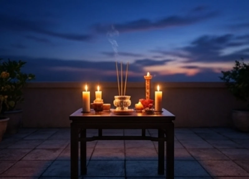 Tuổi Thìn tam tai năm nào: Bảng mốc thời gian và cách giải hạn 8 Bàn lễ cúng đặt trước sân nhà hướng về phía đông bắc dưới bầu trời chạng vạng