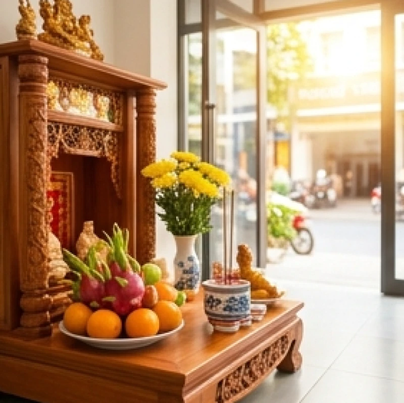 Hướng mặt bàn thờ quay ra ngoài để đón cung Thiên Lộc và Quý Nhân cho chủ cửa hàng kinh doanh
