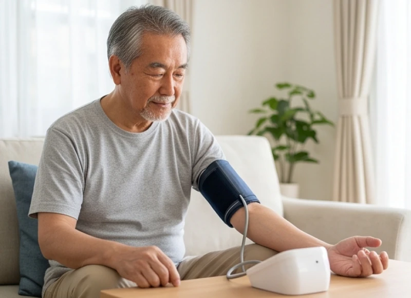 Sức khỏe tuổi Tý năm 2026: Rủi ro theo độ tuổi và cách phòng 4 Người đàn ông lớn tuổi đang tự đo huyết áp tại nhà vào buổi sáng để theo dõi nhịp tim mạch