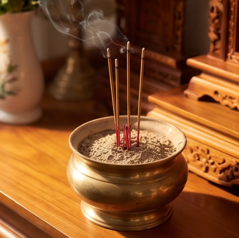 Bát hương với các nén hương đang cháy dở tỏa khói mỏng nhẹ trên ban thờ