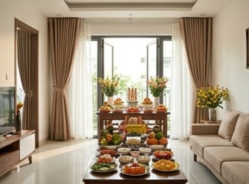 Bàn cúng đầy tháng được kê ngay ngắn tại phòng khách rộng rãi và hướng ra cửa chính đón ánh sáng