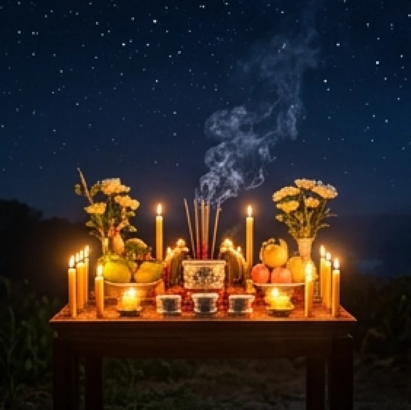 Bàn lễ cúng sao được đặt ngoài trời và hướng về phía chính Bắc trong đêm tối