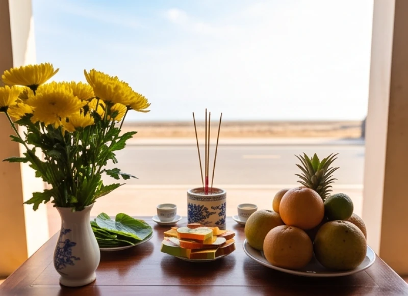 Văn khấn thần linh ngoài trời: Hướng bàn cúng và bài khấn chuẩn 3 Bàn cúng được hướng thẳng ra không gian mở phía trước nhà để nghênh đón các vị thần linh