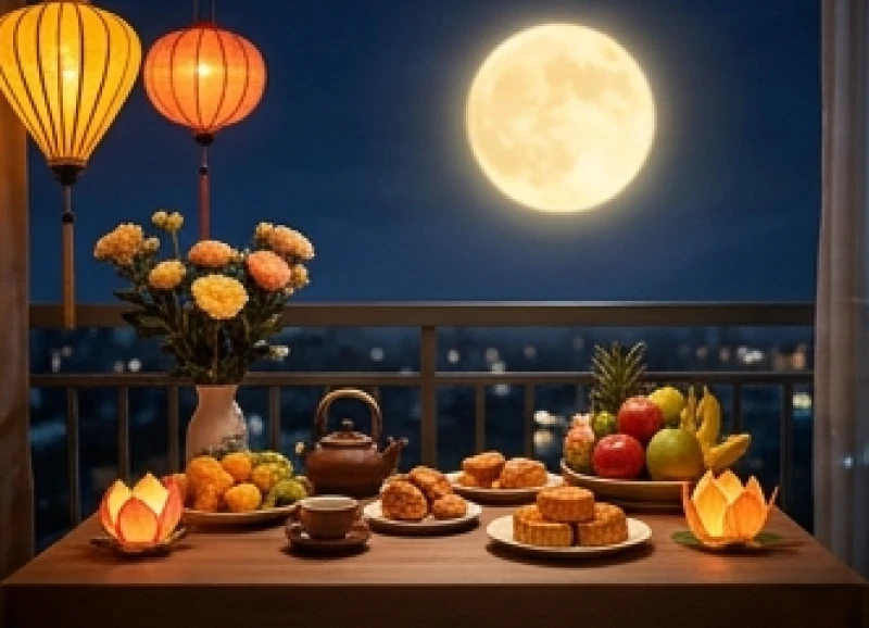 Bàn cúng trăng đặt tại ban công chung cư hướng về phía mặt trăng mọc