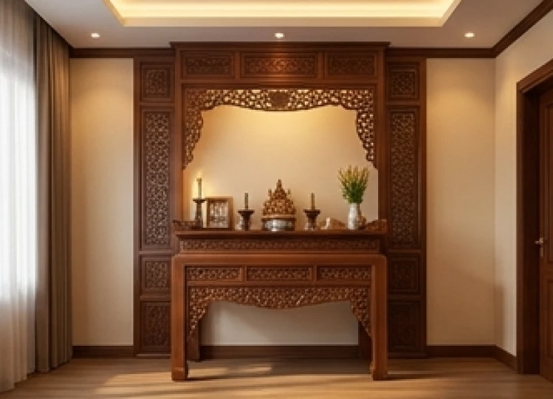 Không gian thờ cúng trang nghiêm với bàn thờ gỗ được đặt đúng tọa độ phong thủy