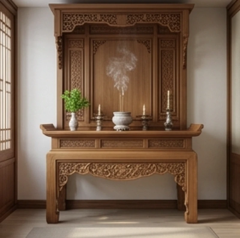 Bàn thờ gia tiên bằng gỗ trang nghiêm được đặt tại phương vị tọa cát hướng cát trong ngôi nhà
