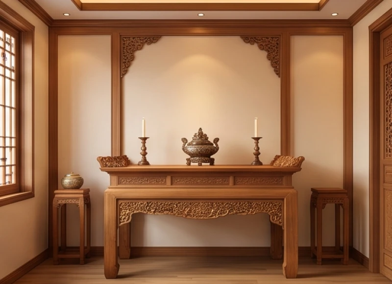 Không gian phòng thờ thanh tịnh với bàn thờ bằng gỗ tự nhiên được đặt đúng hướng Phục Vị trang nghiêm