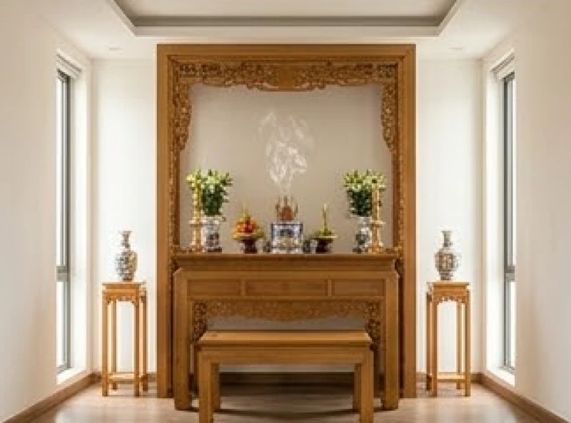 Bàn thờ gia tiên bằng gỗ gụ trang nghiêm được đặt tại vị trí trung tâm thanh tịnh của ngôi nhà