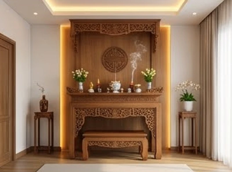 Quý Mùi 2003 hợp hướng nào: Hướng nhà và bàn thờ chuẩn 5 Bàn thờ gia tiên bằng gỗ tự nhiên được chạm khắc tinh xảo đặt trong không gian thanh tịnh