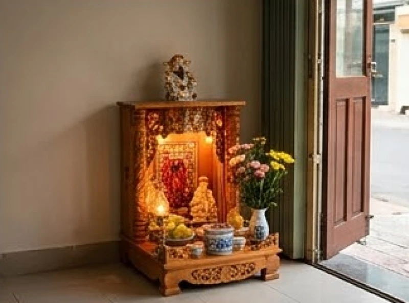 Vị trí đặt bàn thờ Thần Tài sát đất vững chãi hướng ra cửa chính