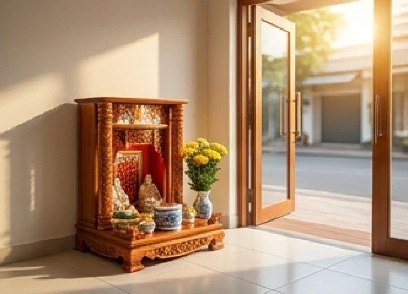 Vị trí đặt bàn thờ Thần Tài tựa lưng vào tường vững chãi và hướng ra cửa chính