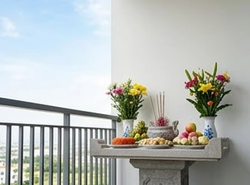 Bàn thờ thiên ngoài trời được đặt tại khu vực ban công sân thượng thông thoáng hướng ra khoảng không rộng lớn