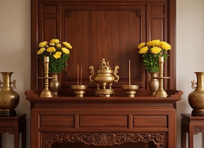 Bàn thờ gia tiên bằng gỗ trầm ấm áp được bài trí trang nghiêm nhìn về phương Bắc đón sao Thiên Y