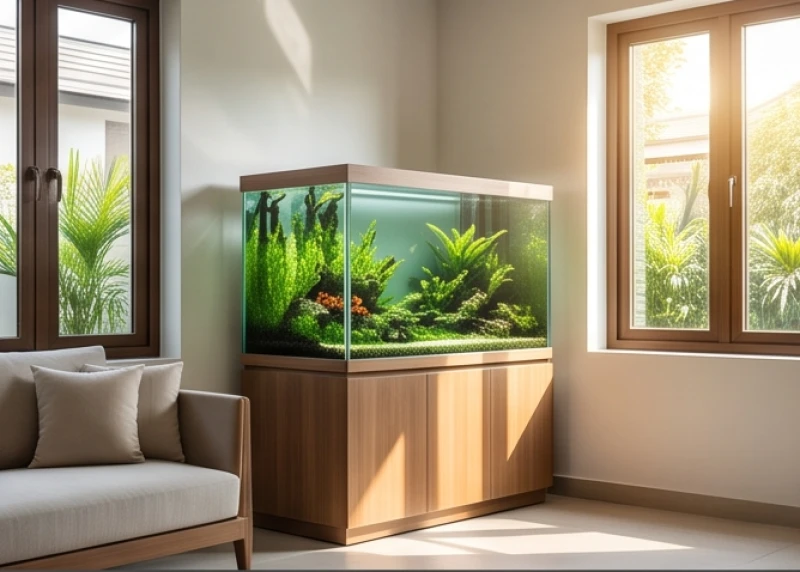 Bể cá cảnh bố trí ở hướng cát lợi trong phòng khách đón nhận trọn vẹn nguồn ánh sáng tự nhiên