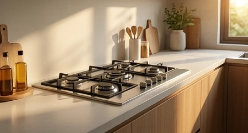 Bếp gas hiện đại được bố trí gọn gàng tại góc khuất bếp nấu để sức nóng thiêu đốt luồng tà khí