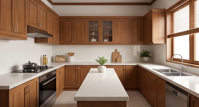 Gian bếp hiện đại bằng gỗ với hướng bếp và bồn rửa được bố trí cách xa nhau hợp phong thủy