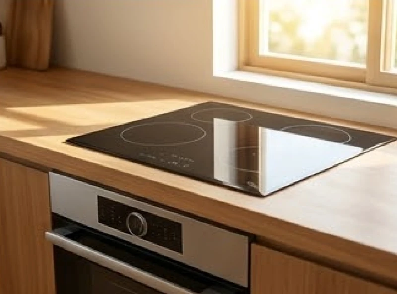 Bếp từ hiện đại có bảng điều khiển quay về hướng tốt lành được lắp đặt trong gian bếp ngập nắng