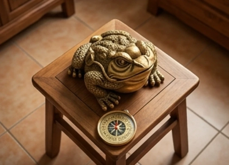 Tượng thiềm thừ đặt trên đôn gỗ nhỏ được xoay mặt hướng thẳng về phương Đông Bắc.