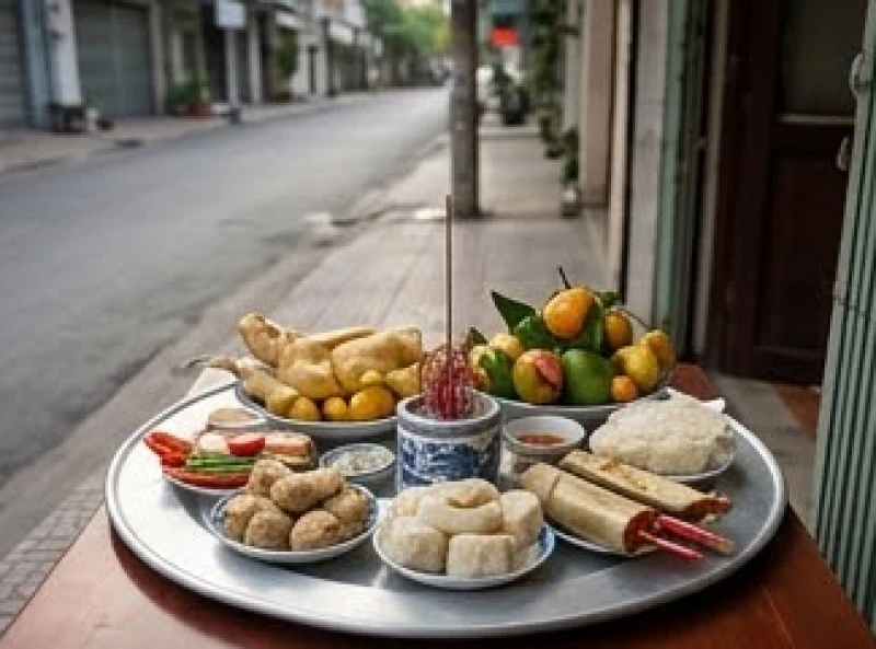 Mâm cúng khai trương được đặt trang trọng trước cửa chính, hướng về phương vị đại cát của gia chủ