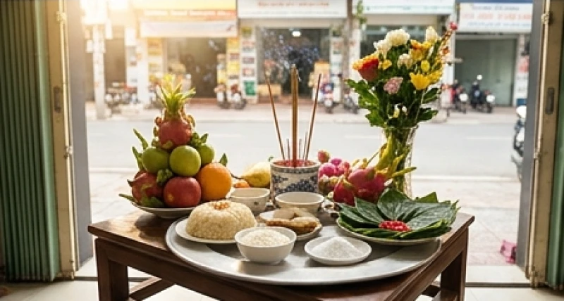 Mâm lễ vật cúng khai trương được đặt trang trọng trước cửa hàng hướng ra không gian lớn