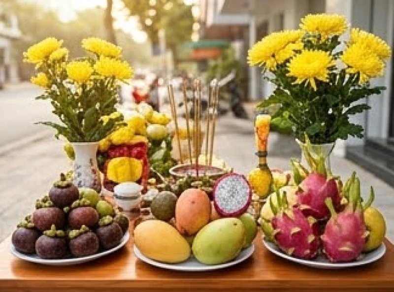 Văn khấn khai trương: Bài cúng chuẩn và quy trình nghi lễ bài bản 4 Bàn cúng khai trương với mâm ngũ quả nhiều màu sắc được xoay đúng hướng ngoài trời đón vượng khí