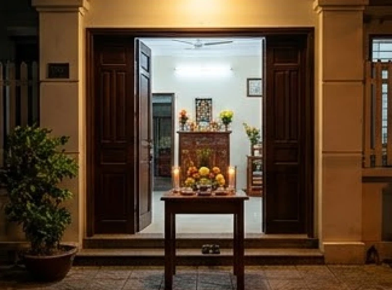 Văn khấn giao thừa ngoài trời: Bài cúng chuẩn và cách đặt mâm 6 Chiếc bàn cúng nhỏ được kê ngay ngắn trước cửa chính ngôi nhà với mặt mâm lễ hướng thẳng ra đường