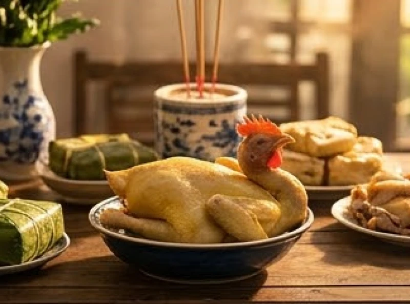 Văn khấn hóa vàng Tết: Bài cúng chuẩn và nghi lễ tạ gia tiên 5 Đĩa gà cúng được đặt ngay ngắn với phần mỏ quay chầu vào trong bát hương