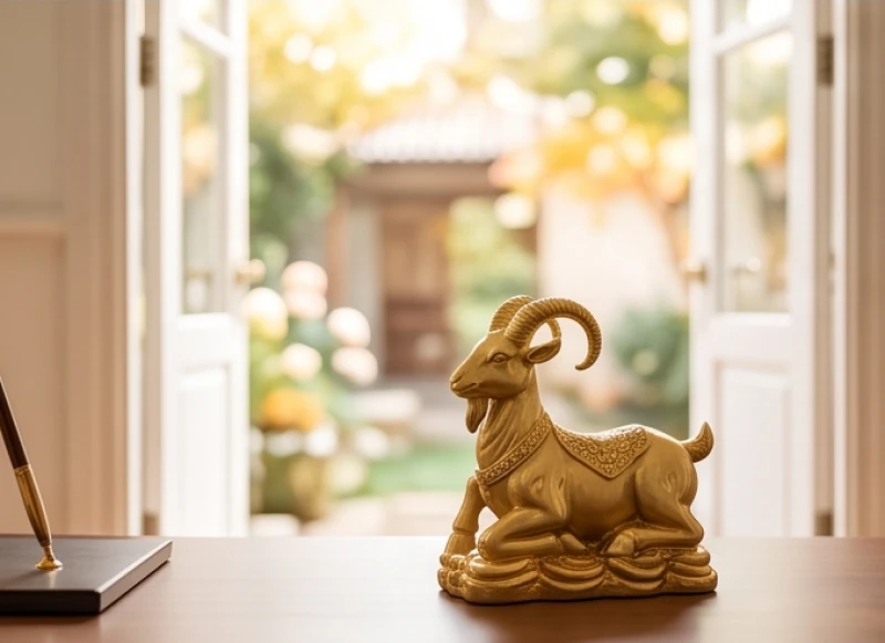 Tượng con dê phong thủy hợp tuổi Mùi: Chọn màu ngũ hành & an vị 8 Linh vật tượng dê phong thủy đặt hướng ra phía cửa chính trên bàn làm việc rộng rãi