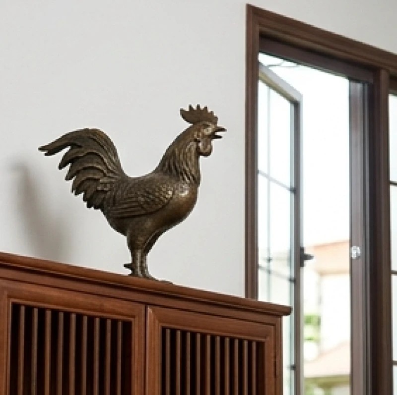 Vật phẩm phong thủy cho tuổi Dậu: Chuẩn ngũ hành nạp âm 10 Tượng Gà trống bằng đồng oai phong được đặt trên bệ cao với hướng mỏ chĩa thẳng ra phía cửa chính