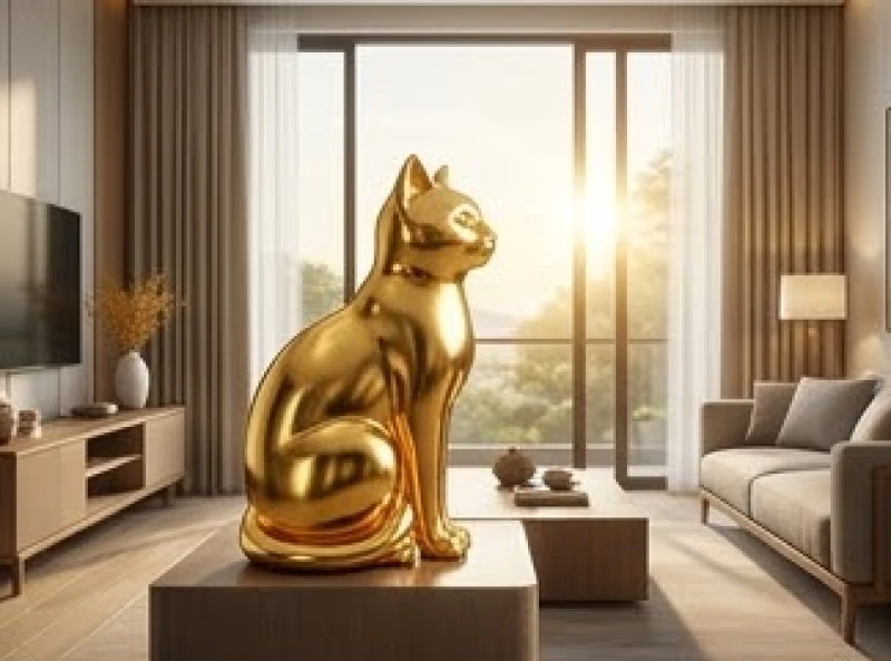 Bức tượng mèo phong thủy mạ vàng được bài trí quay mặt về hướng Đông Nam để đón ánh sáng tự nhiên
