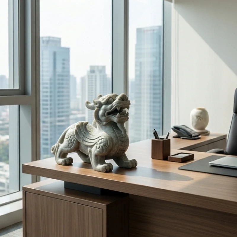 Tỳ Hưu phong thủy tuổi Sửu: Chuẩn màu nạp âm và giá tham khảo 13 Tượng tỳ hưu được đặt tại góc trái bàn làm việc với đầu hướng thẳng ra cửa sổ đón ánh sáng