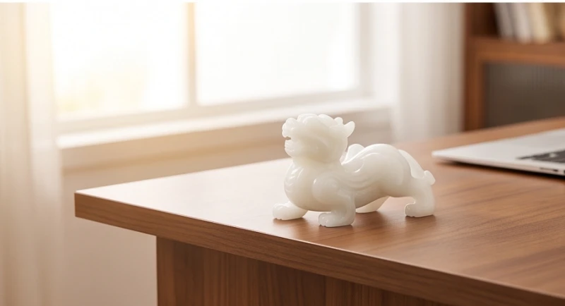 Tỳ Hưu Phong Thủy Tuổi Hợi: Chọn Màu Ngũ Hành & Bảng Giá Chi Tiết 6 Tượng Tỳ Hưu đá bạch ngọc đặt chéo góc trên bàn làm việc, hướng mặt ra ngoài không gian mở