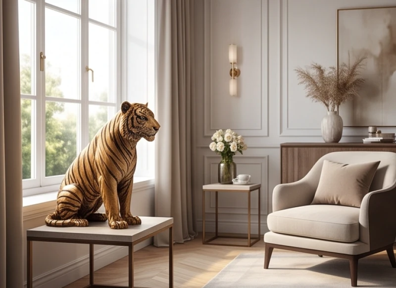 Tượng hổ đặt trang trọng ở góc phòng khách với phần đầu hướng thẳng ra cửa chính để đón tài lộc