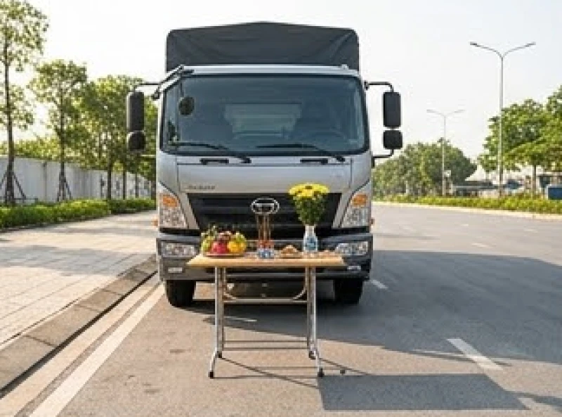 Xe tải quay đầu ra hướng đường lớn với bàn cúng đặt cách mũi xe một khoảng không gian an toàn