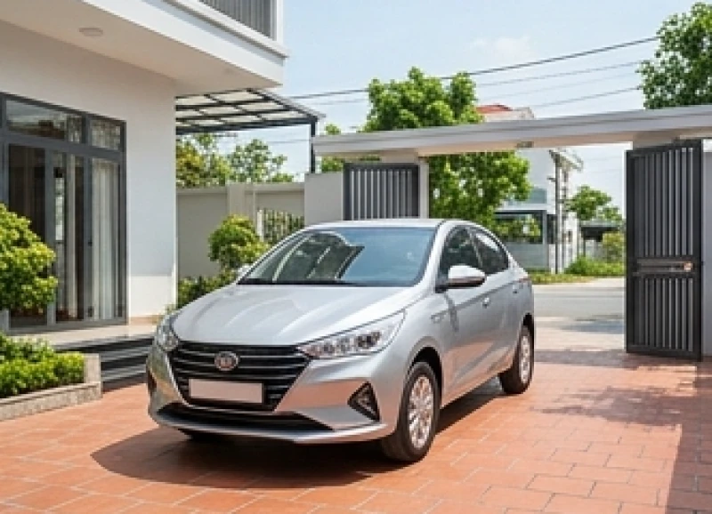 Chiếc ô tô mới được đỗ ngay ngắn trong không gian sân rộng rãi và phần đầu hướng ra đường lớn