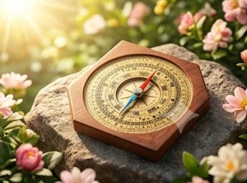 La bàn phong thủy chỉ đúng hướng Đông Nam được đặt giữa thiên nhiên ngập tràn ánh nắng ban mai