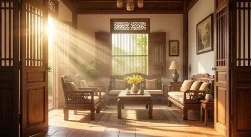 Ánh sáng mặt trời tự nhiên tràn vào không gian phòng khách qua cửa chính mở rộng