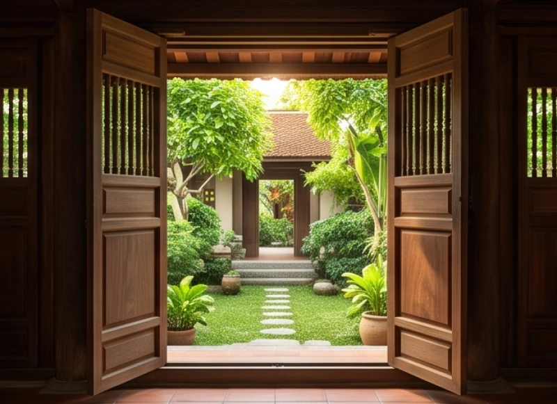 Cửa chính ngôi nhà bằng gỗ mở ra khoảng sân vườn ngập tràn ánh nắng sáng sớm đón vượng khí