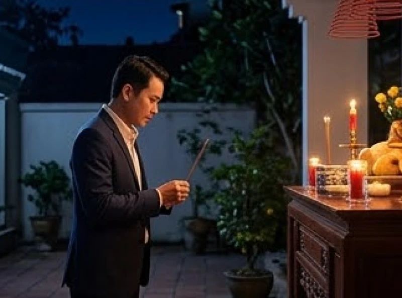 Người đàn ông mặc trang phục chỉnh tề đứng chắp tay khấn trước mâm lễ ngoài trời