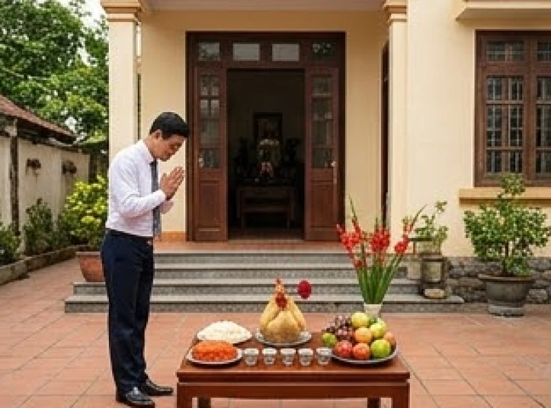 Người đàn ông đứng chắp tay vái trước bàn lễ ngoài sân với khuôn mặt hướng thẳng vào phía trong nhà