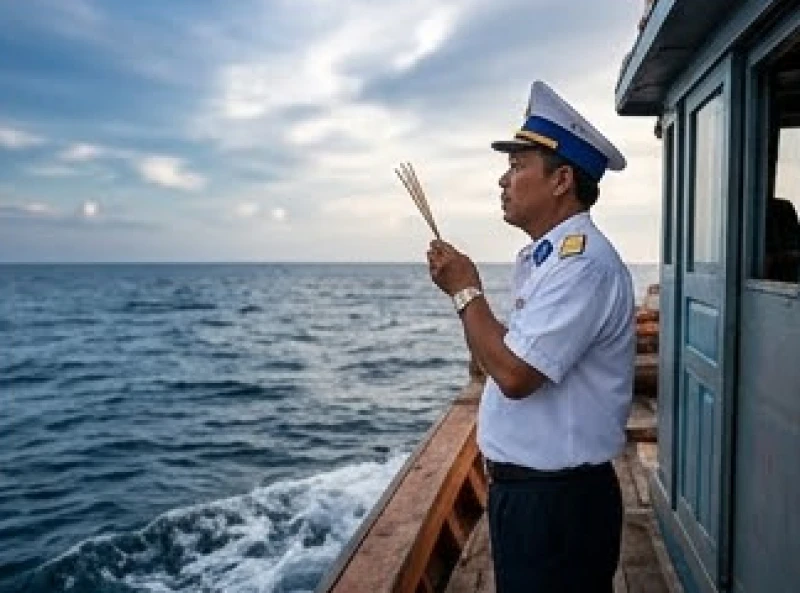 Thuyền trưởng đứng vững vàng quay mặt ra hướng biển lớn để đọc bài văn khấn cầu thần linh