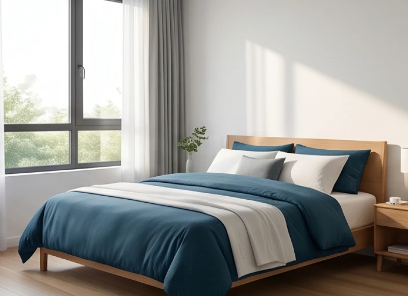 Góc phòng ngủ đón ánh sáng tự nhiên với ga giường màu xanh dương hợp mệnh Thủy