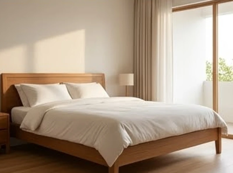 Chiếc giường ngủ bằng gỗ được kê áp sát phần đầu vào tường, đuôi giường hướng ra không gian thoáng