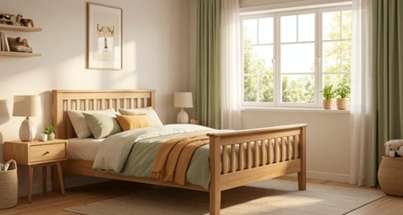 Chiếc giường ngủ bằng gỗ tự nhiên được kê ngay ngắn bên cạnh cửa sổ đón trọn ánh nắng ban mai rực rỡ