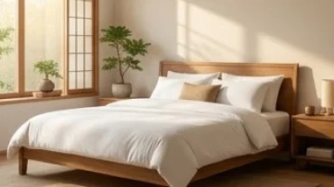 Phòng ngủ hiện đại được bố trí hướng giường ngủ hợp tuổi Tuất với ánh sáng tự nhiên và nội thất gỗ ấm cúng