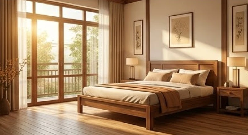 Bính Thân 1956 mệnh gì: Bản mệnh Sơn Hạ Hỏa và cung phi nam nữ 4 Phòng ngủ được bố trí hợp phong thủy với giường gỗ hướng về phía Tây Bắc đón sao Thiên Y lành mạnh