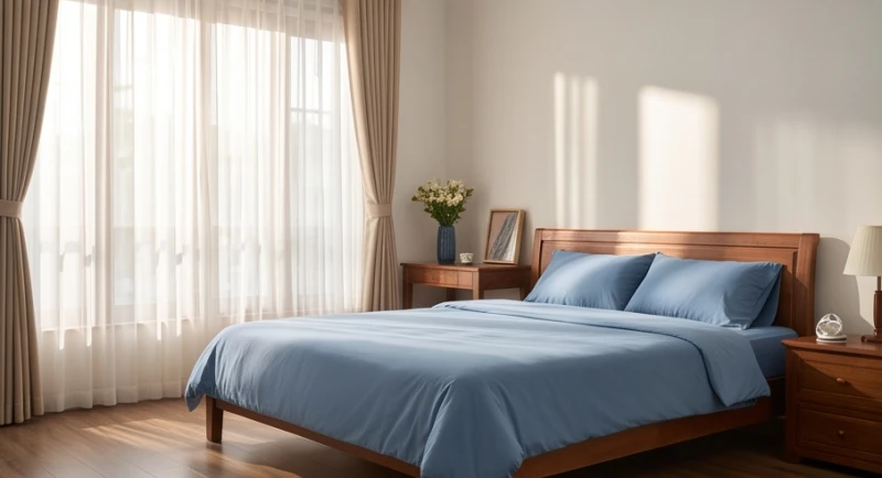 Phòng ngủ được bài trí gọn gàng với ga trải giường màu xanh biển mang lại vượng khí phong thủy