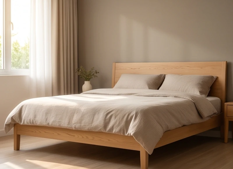 Giường ngủ êm ái với bộ chăn ga màu trung tính, tựa vào bức tường vững chãi, không bị xà ngang ép