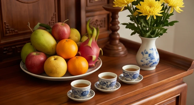 Đĩa hoa quả tươi và ba chén trà được đặt ngắn nắp trên ban thờ gỗ truyền thống