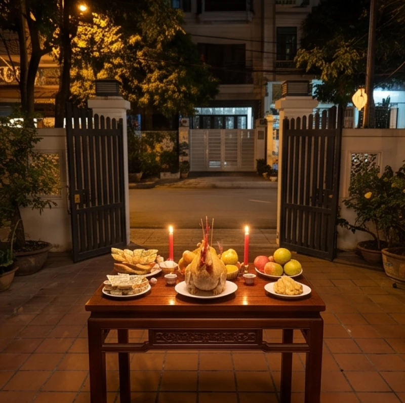 Văn khấn ngoài trời ngày 30 Tết: Bài cúng Trừ Tịch và hướng đặt lễ 6 Bàn cúng ngoài sân được kê quay mặt ra phía cổng chính với không gian rộng mở không bị che khuất